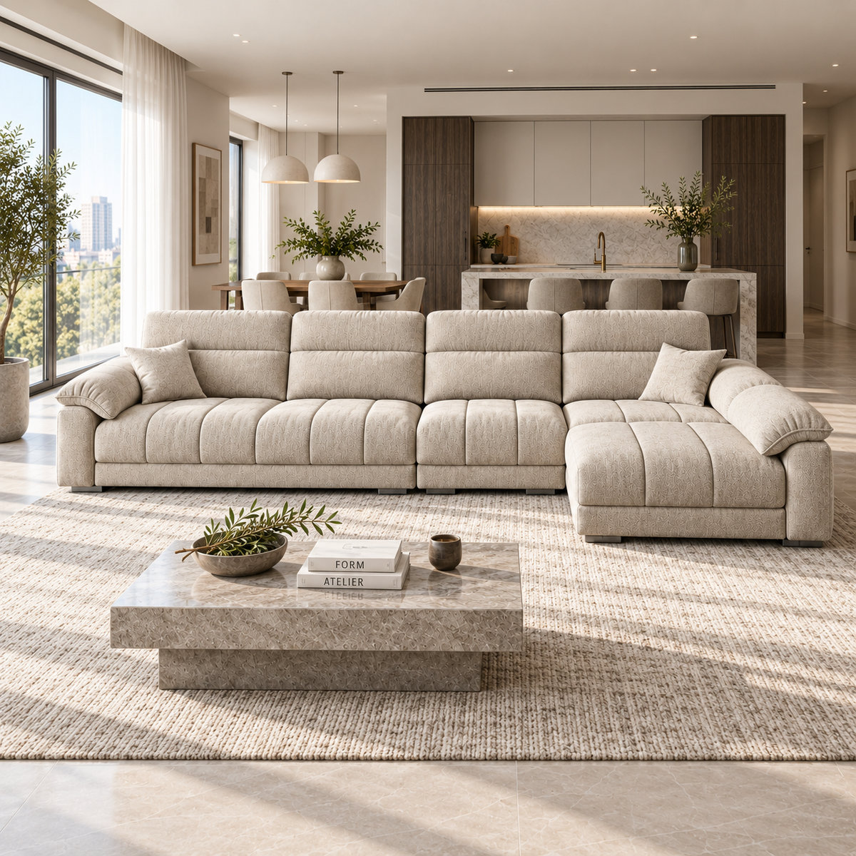 Taupe curved modular sofa with rounded end seats, loose cushions and a patterned throw.