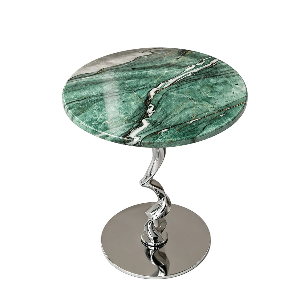 A side table with a green marble top