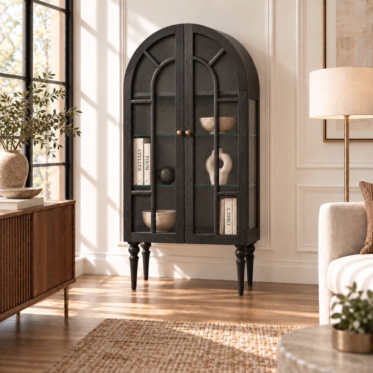 French Vintage Solid Wood Sideboard with Glass Details