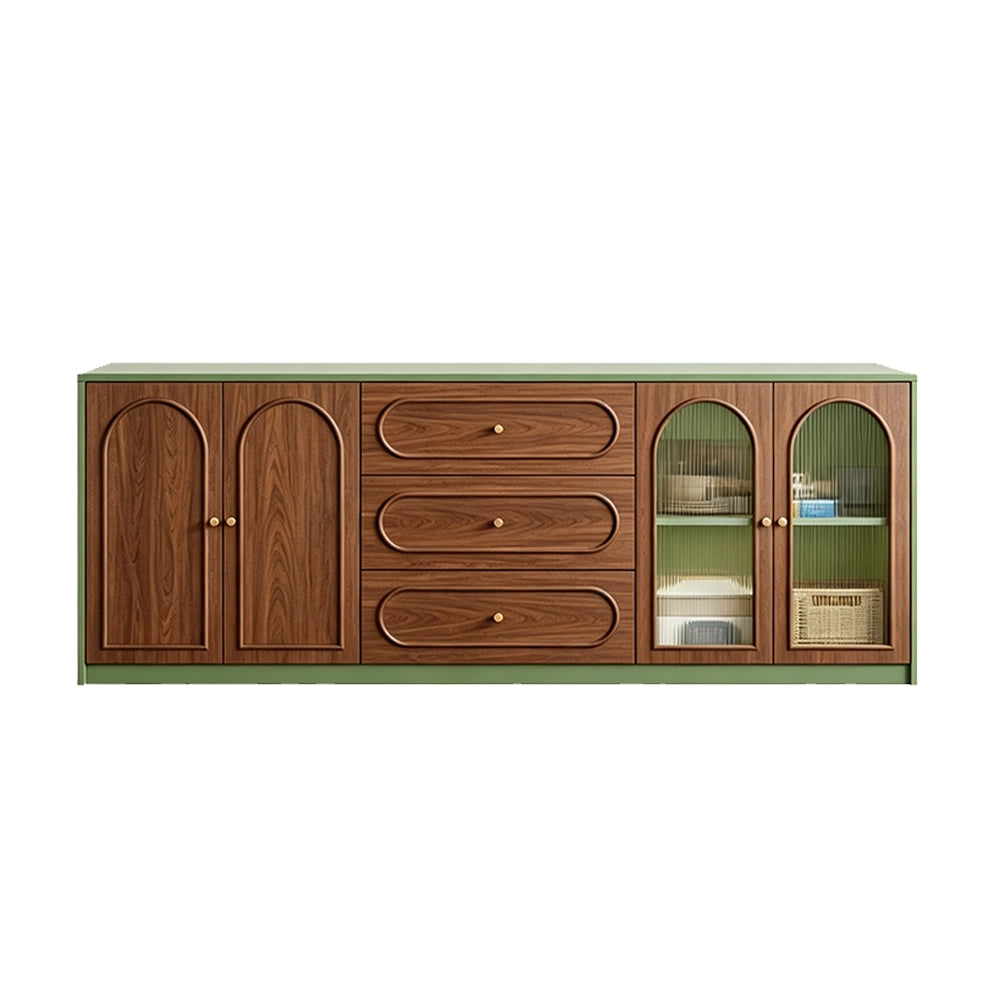 Mid-Century Modern Coffee Bar Cabinet with Fluted Glass Doors, Green & Walnut Retro Sideboard with Drawers for Living Room