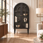 French Vintage Solid Wood Sideboard with Glass Details
