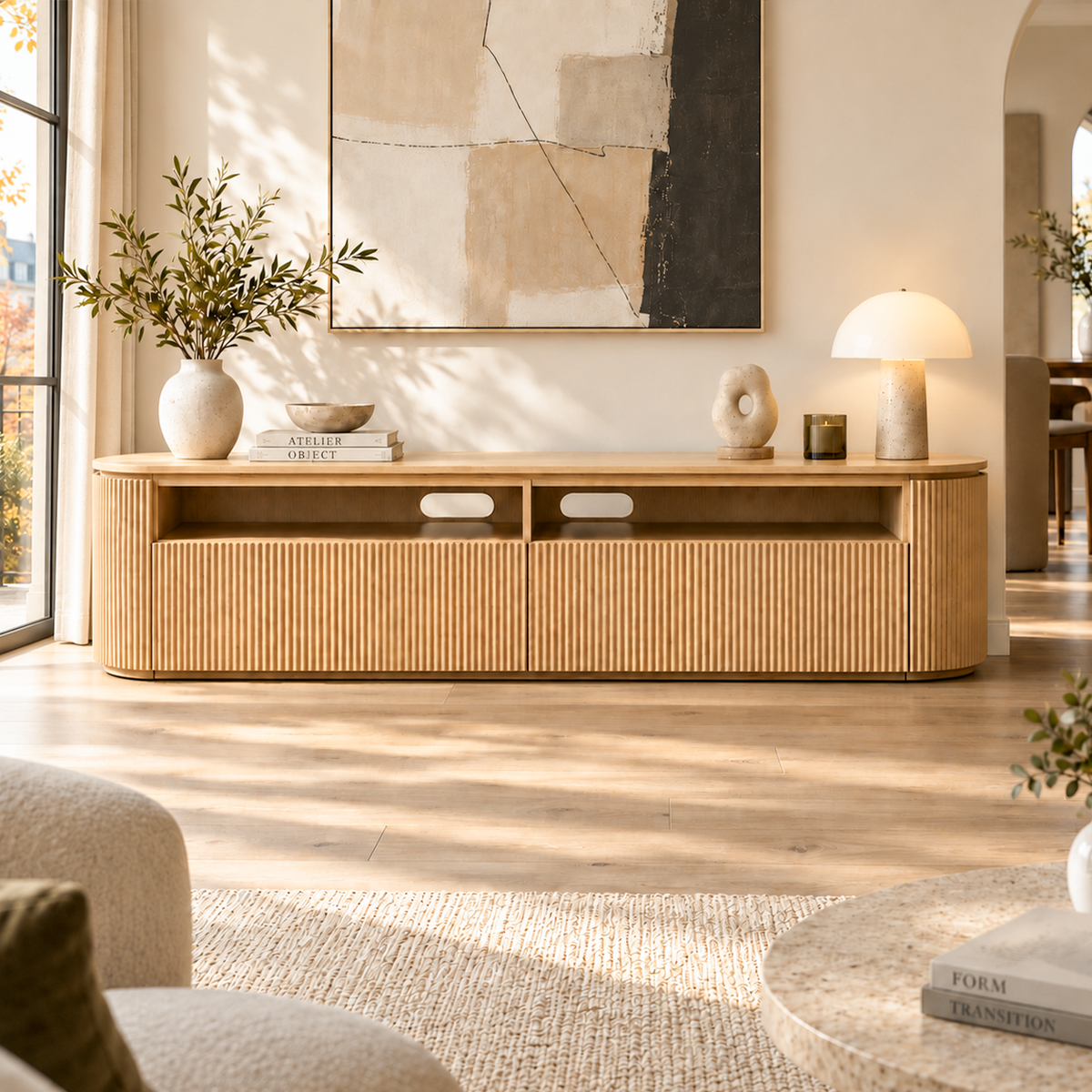Storage TV Stand with Curved Corners and Ribbed Panels