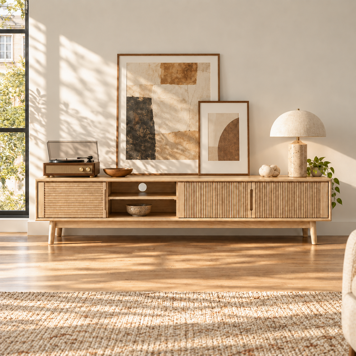 Nordic Ash Wood TV Stand with Fluted Sliding Doors