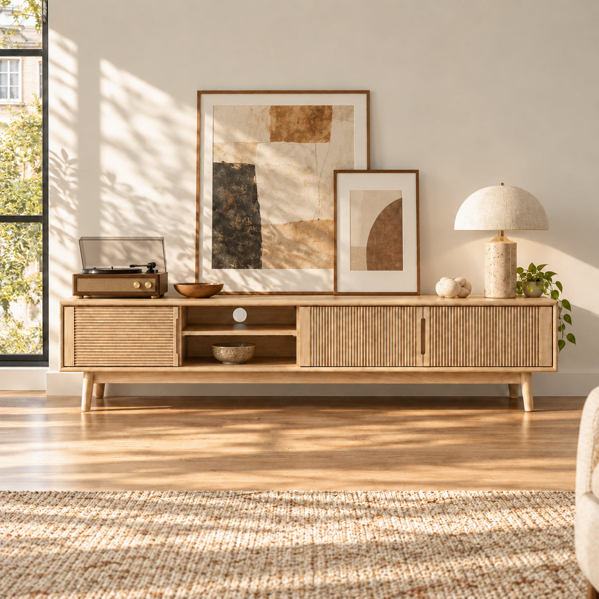 Nordic Ash Wood TV Stand with Fluted Sliding Doors