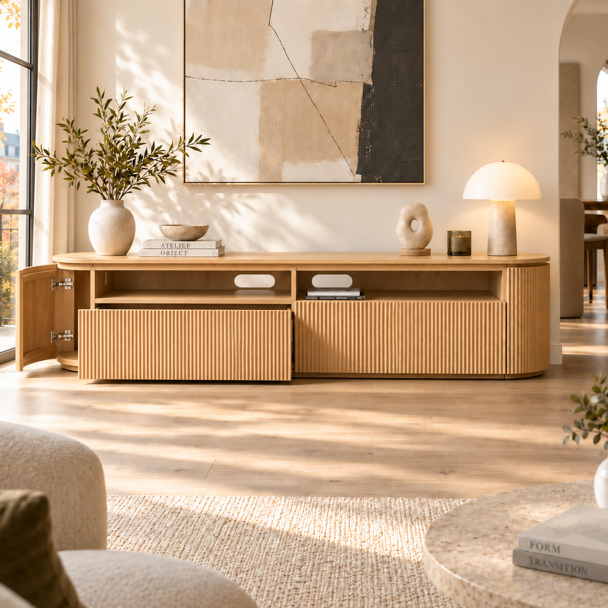 Storage TV Stand with Curved Corners and Ribbed Panels