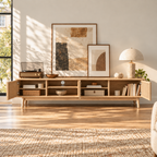 Nordic Ash Wood TV Stand with Fluted Sliding Doors