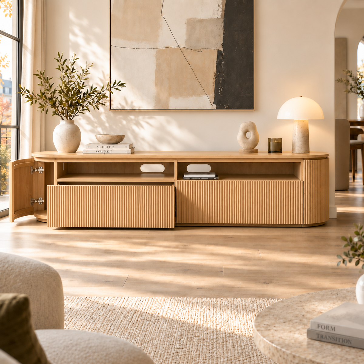 Storage TV Stand with Curved Corners and Ribbed Panels