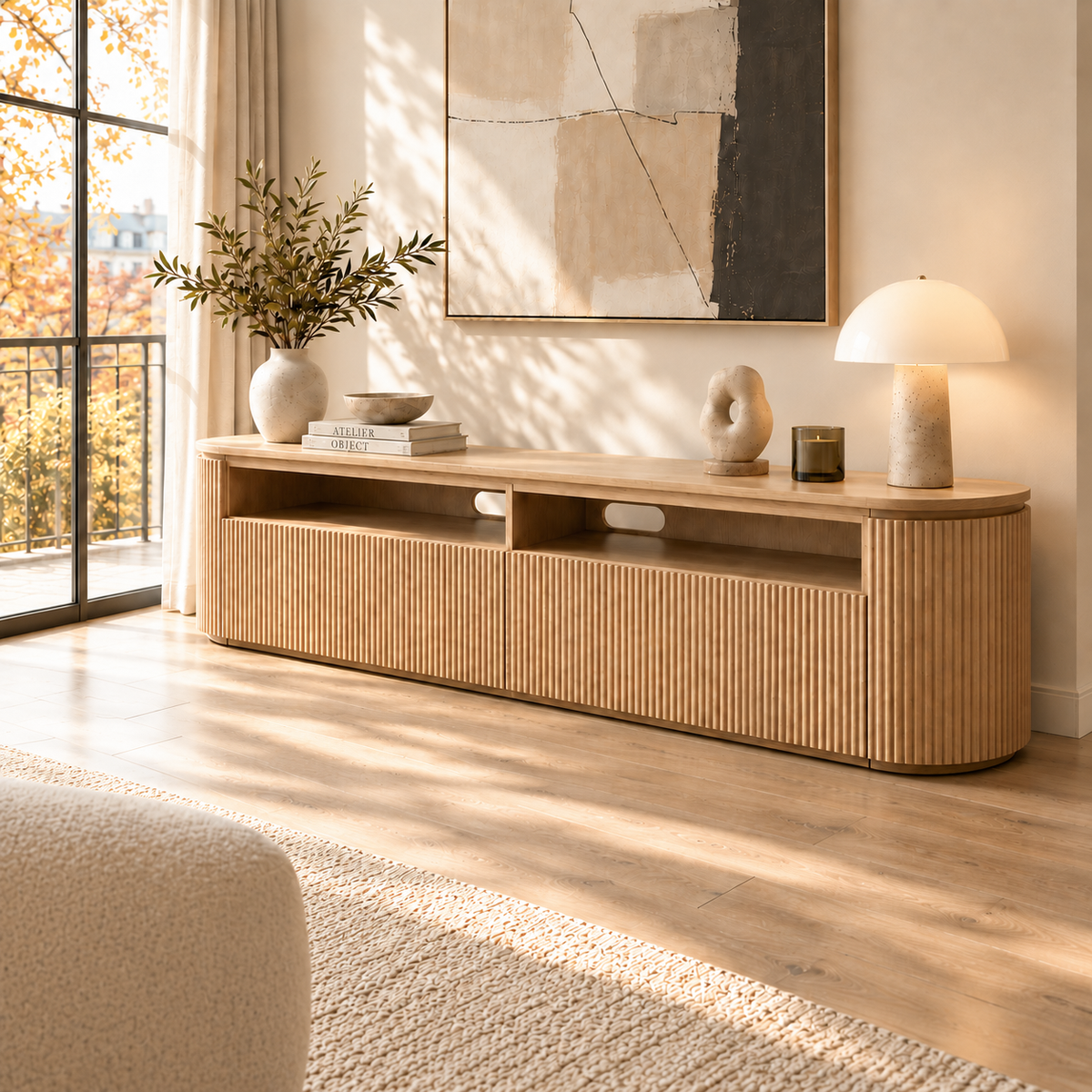 Storage TV Stand with Curved Corners and Ribbed Panels