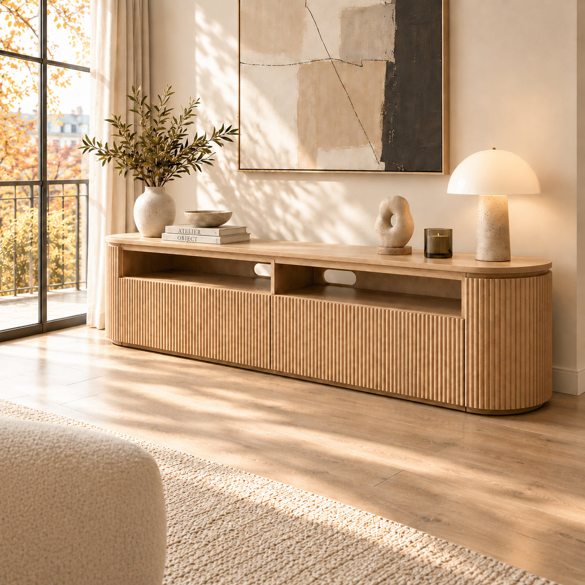 Storage TV Stand with Curved Corners and Ribbed Panels