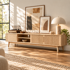 Nordic Ash Wood TV Stand with Fluted Sliding Doors