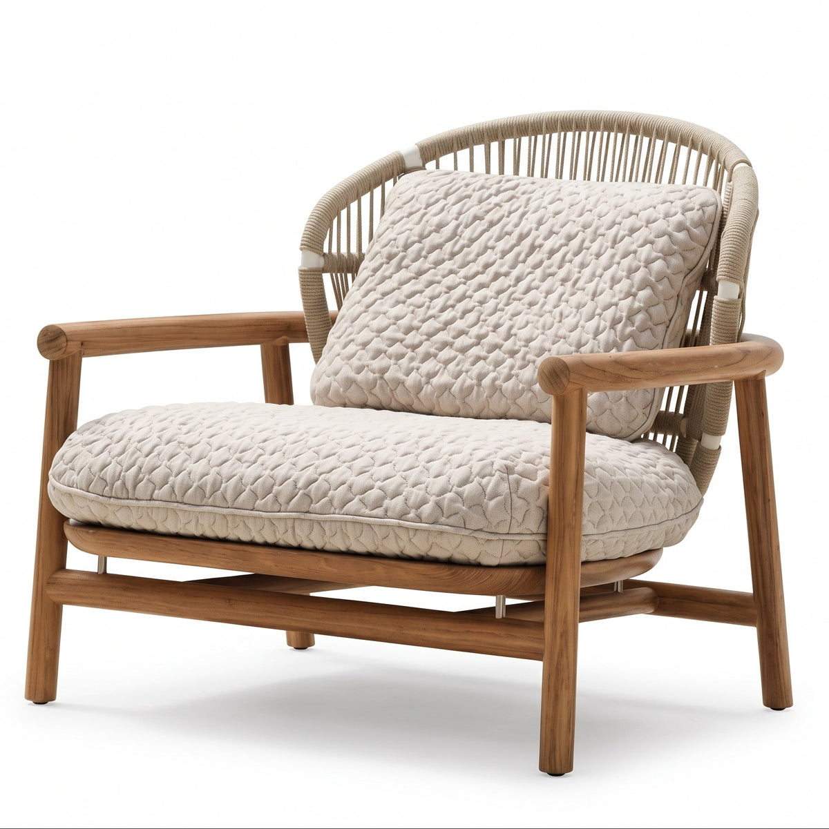 A modern outdoor lounge chair featuring a natural wood frame, woven rattan backrest, and textured cream-colored seat and back cushions, shown on a white background.