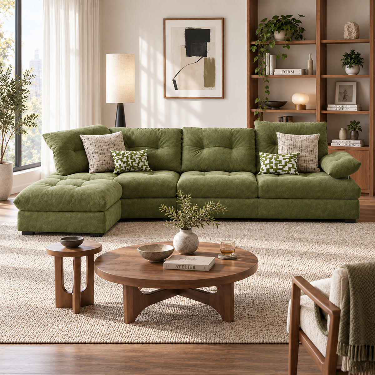 Green Curved Fabric Sofa with Adjustable Backrest