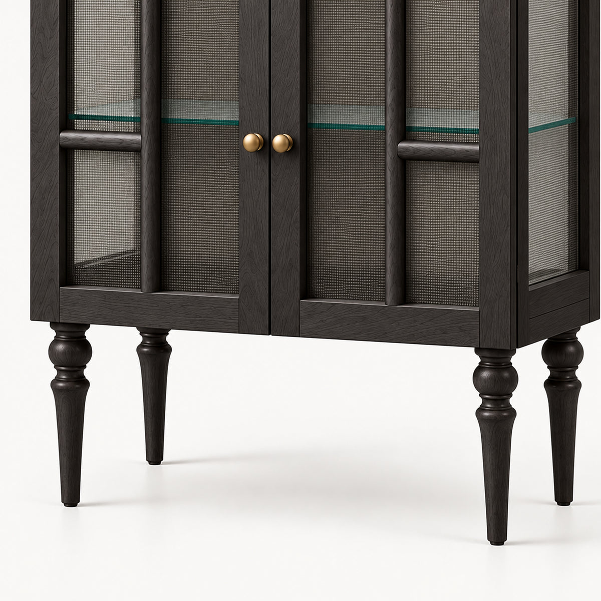 French Vintage Solid Wood Sideboard with Glass Details