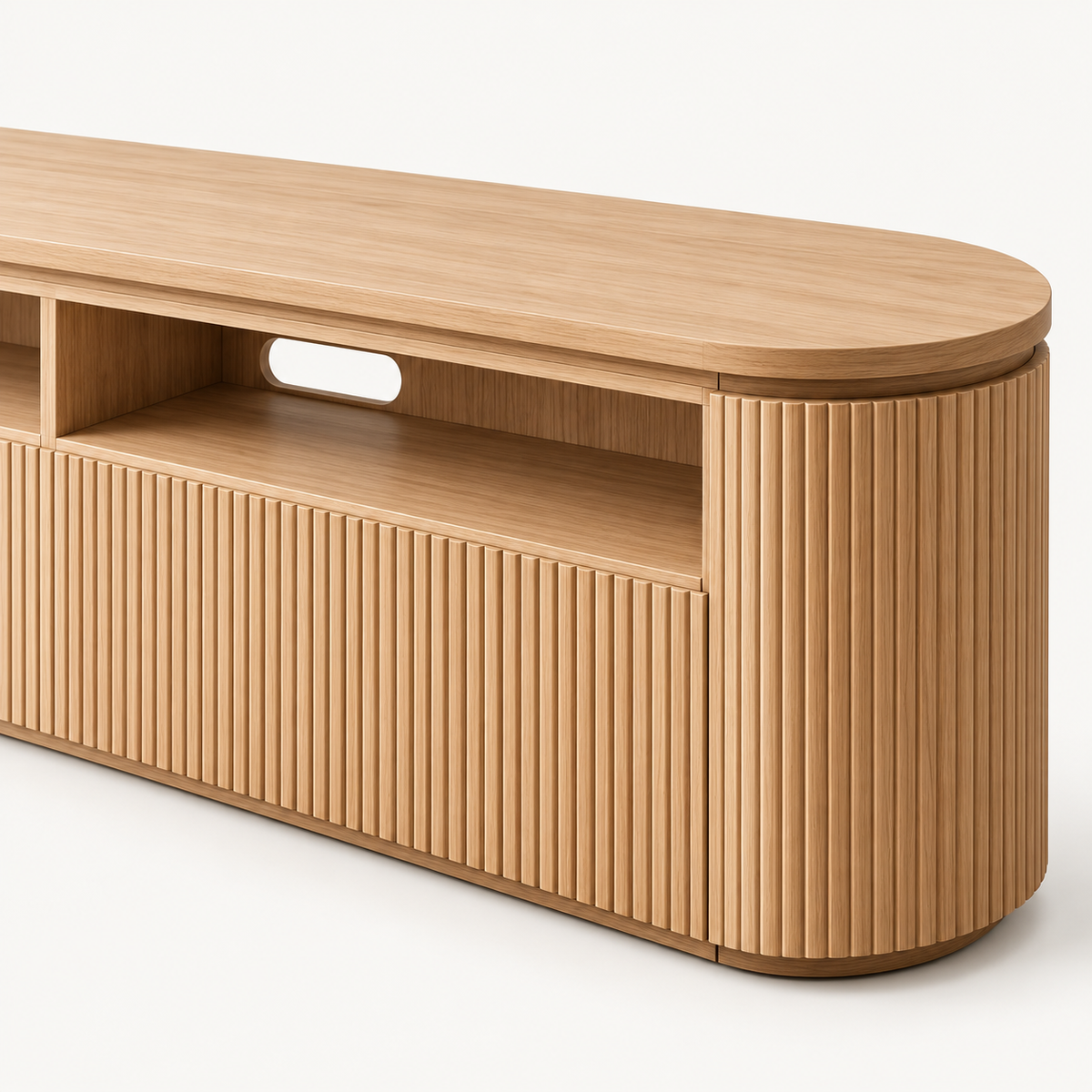 Storage TV Stand with Curved Corners and Ribbed Panels