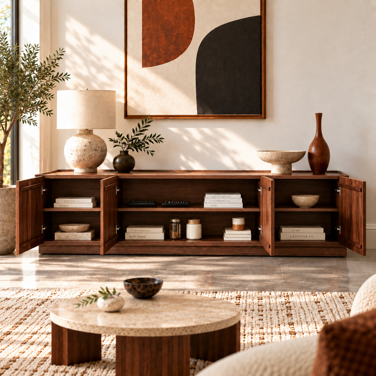 Art‑Carved Solid Wood TV Cabinet with Storage Doors