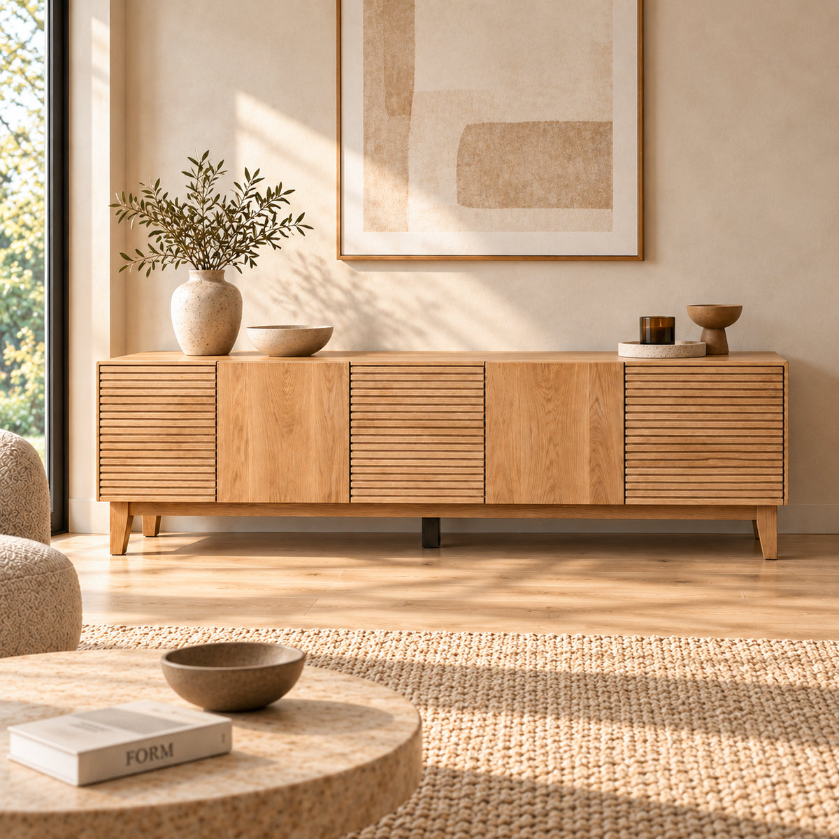 French oak TV cabinet with drawers and closed-door design