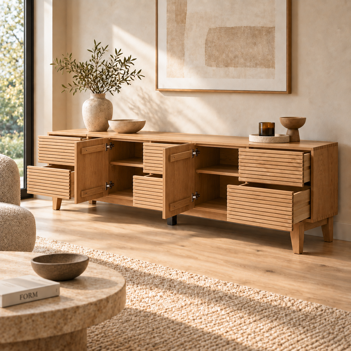 French oak TV cabinet with drawers and closed-door design
