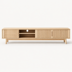 Nordic Ash Wood TV Stand with Fluted Sliding Doors