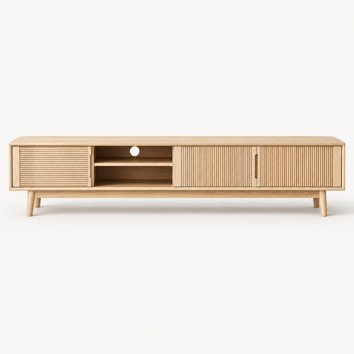Nordic Ash Wood TV Stand with Fluted Sliding Doors