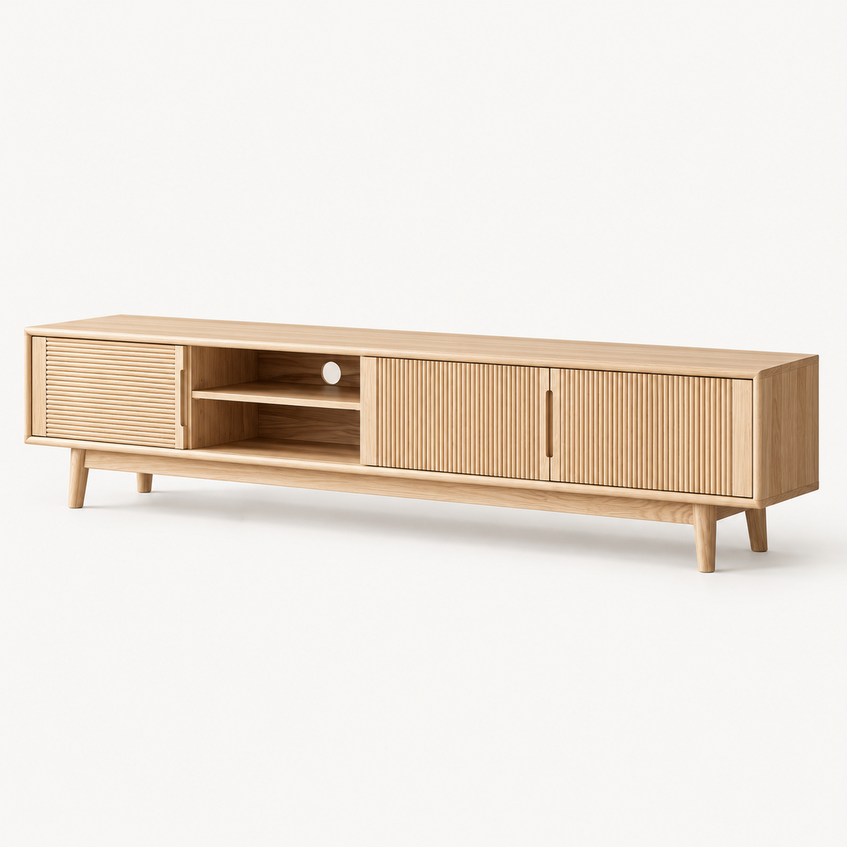 Nordic Ash Wood TV Stand with Fluted Sliding Doors
