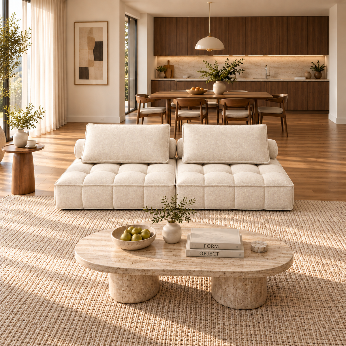 Grid-Tufted Modular Fabric Sofa