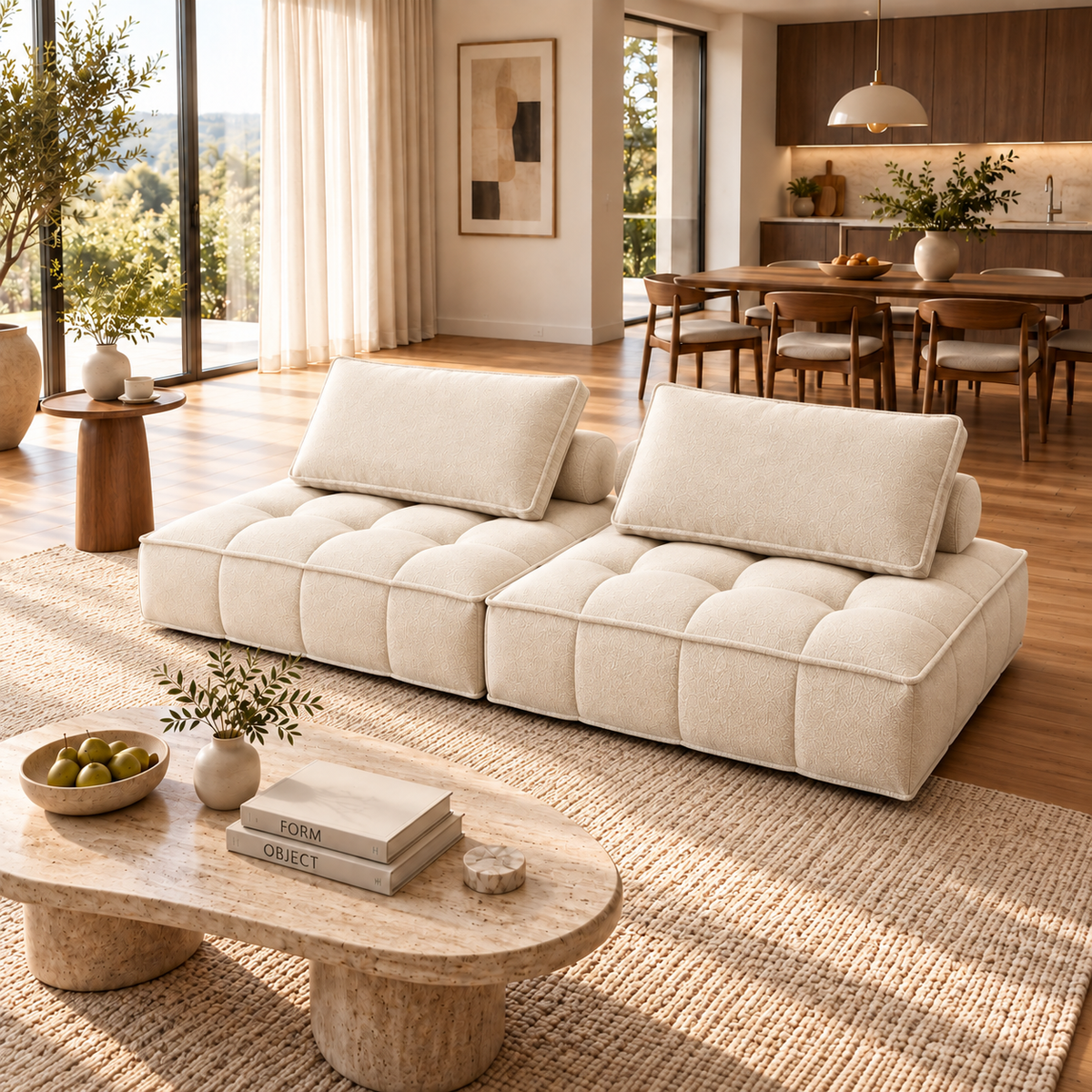 Grid-Tufted Modular Fabric Sofa