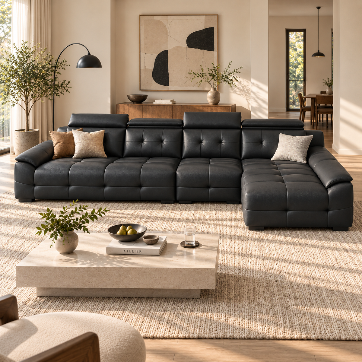 Cowhide Sectional Sofa with Adjustable Headrests
