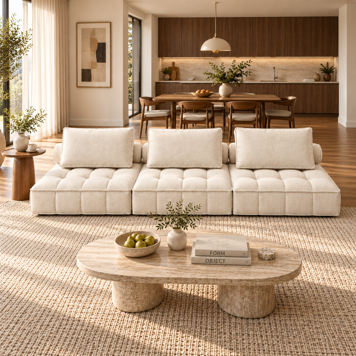 Grid-Tufted Modular Fabric Sofa