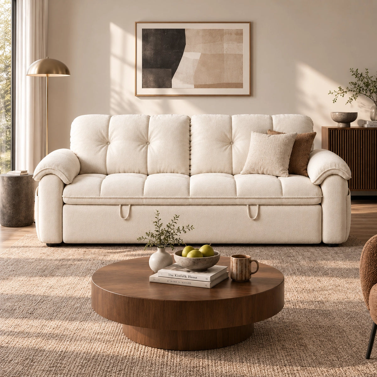Tufted Fold-Out Sofa Bed with Side Pockets