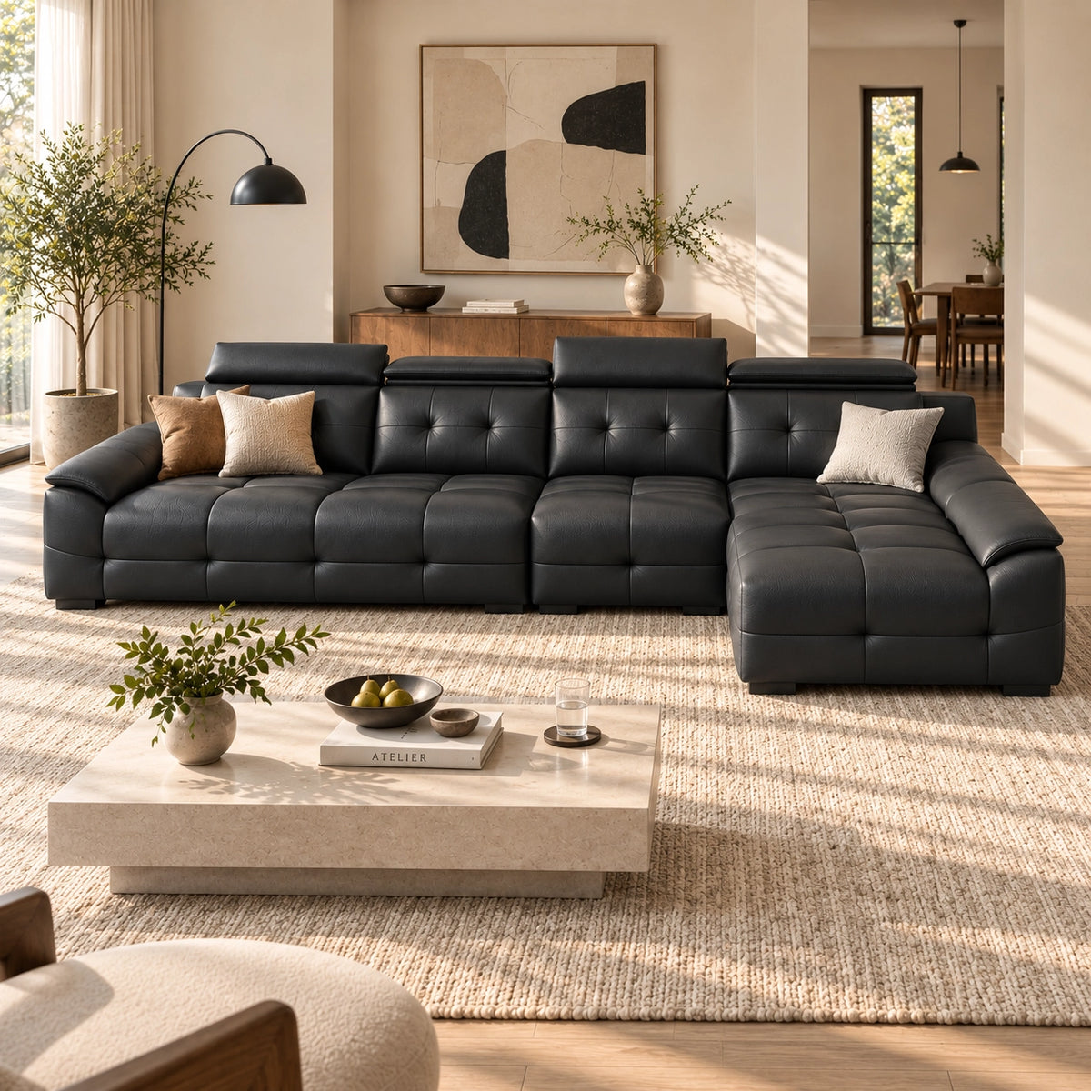 Cowhide Sectional Sofa with Adjustable Headrests