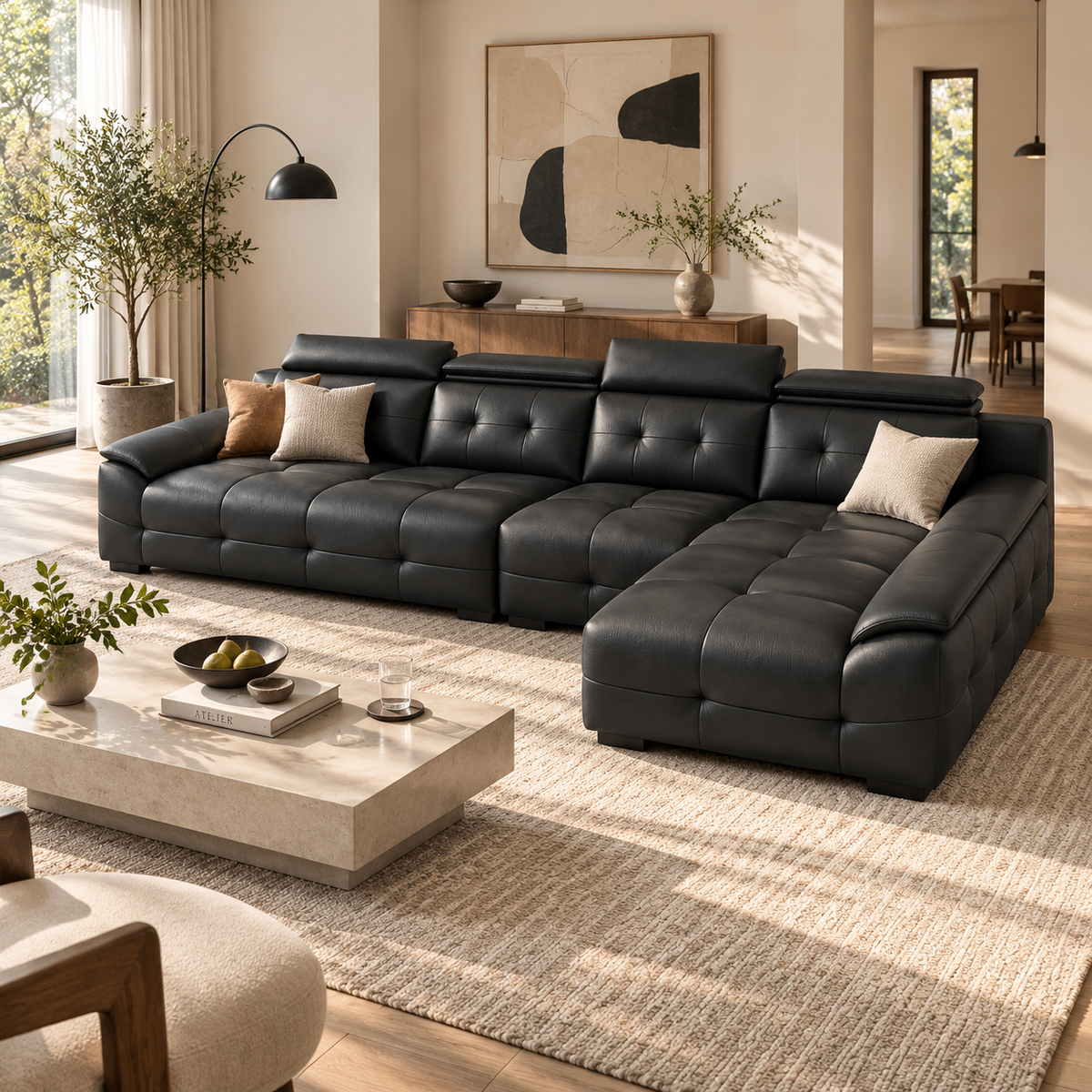 Cowhide Sectional Sofa with Adjustable Headrests