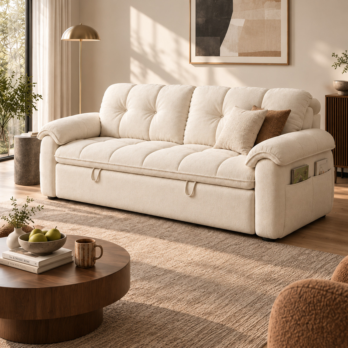 Tufted Fold-Out Sofa Bed with Side Pockets
