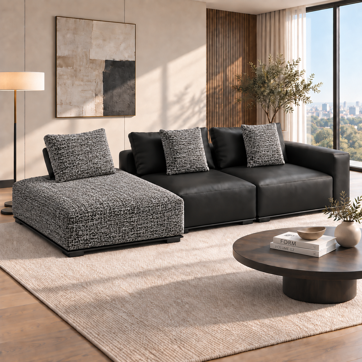 Low-Profile Leather and Fabric Modular Sofa