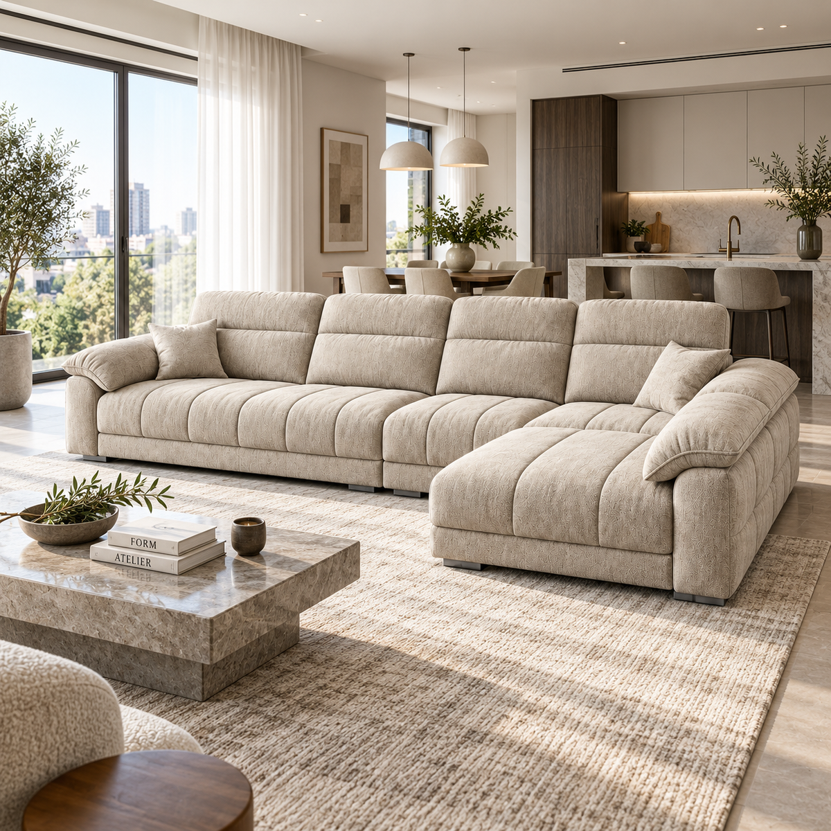Cream L-Shaped Fabric Sofa with Removable Covers