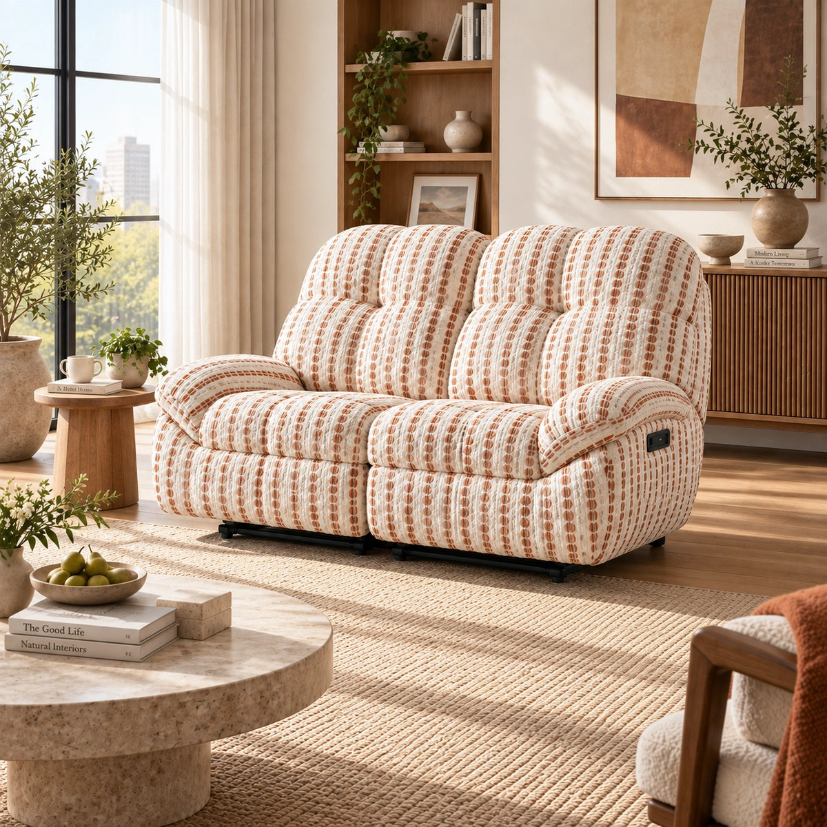 59" Striped Fabric Wall-Hugger Power Reclining Loveseat