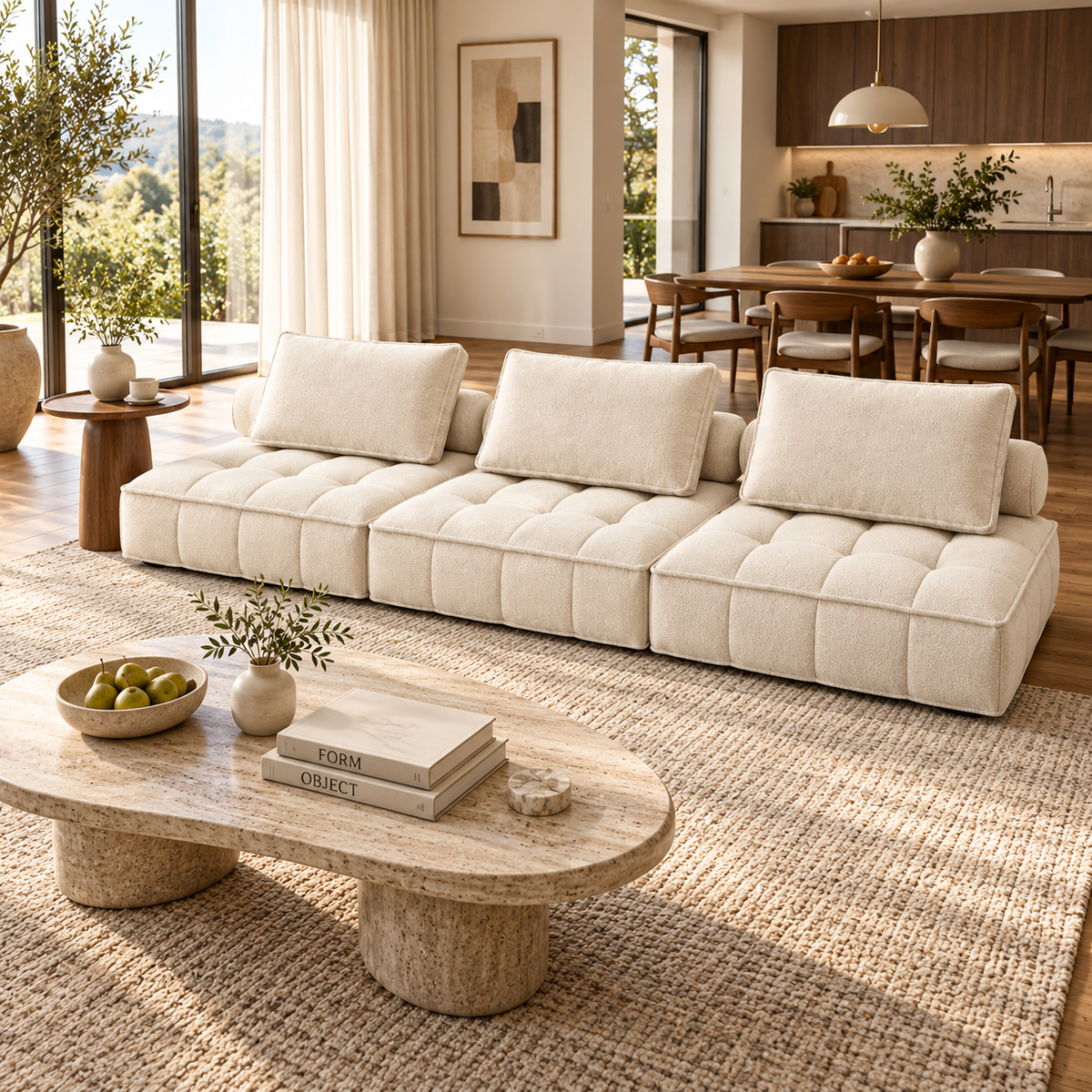 Grid-Tufted Modular Fabric Sofa