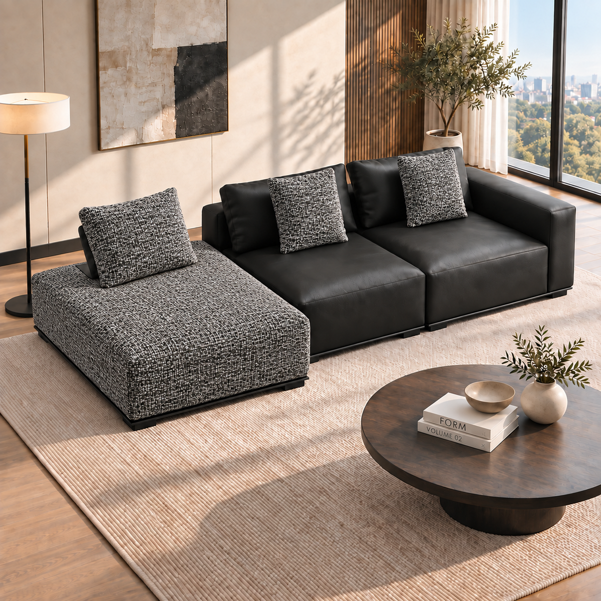 Low-Profile Leather and Fabric Modular Sofa