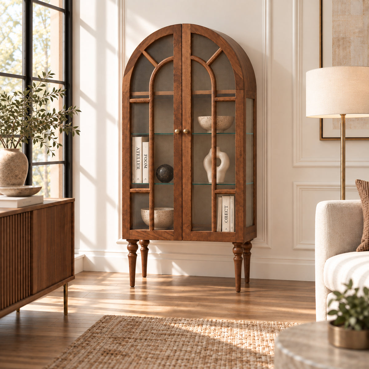 French Vintage Solid Wood Sideboard with Glass Details