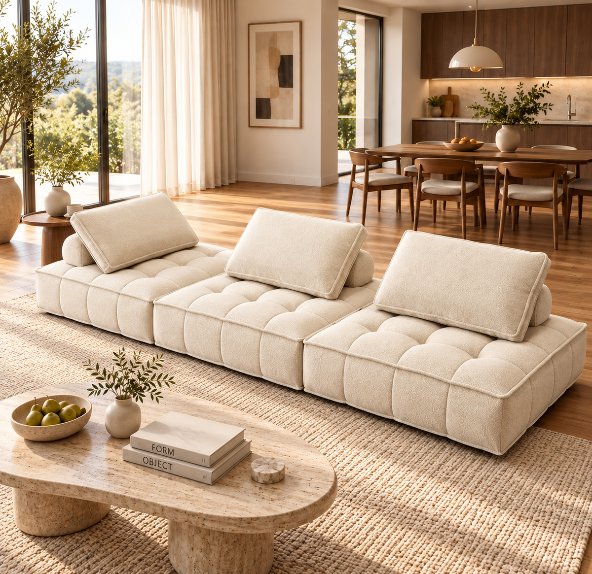 Grid-Tufted Modular Fabric Sofa