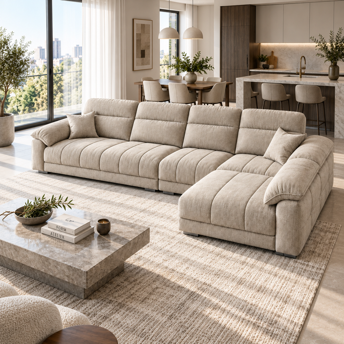 Cream L-Shaped Fabric Sofa with Removable Covers