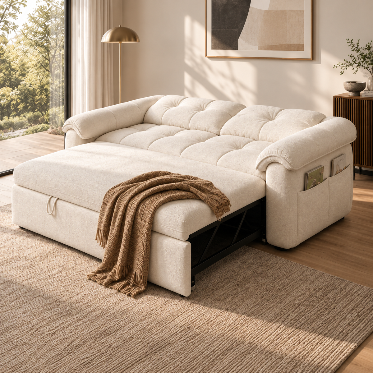 Tufted Fold-Out Sofa Bed with Side Pockets