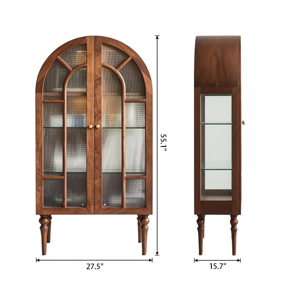 Front and side dimension diagram of the brown arched glass display cabinet.