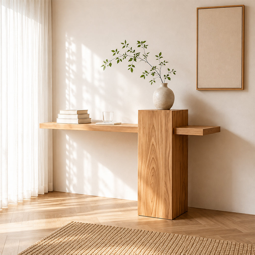 Light wood-tone console table with an offset tall block pedestal and narrow projecting tabletop.