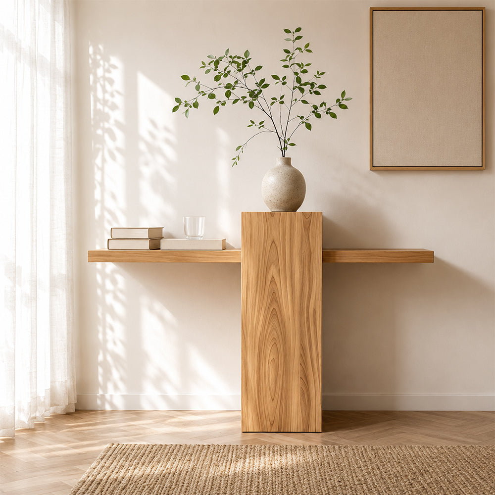 Front view of the asymmetric console table, with a tall block pedestal rising above its narrow top.