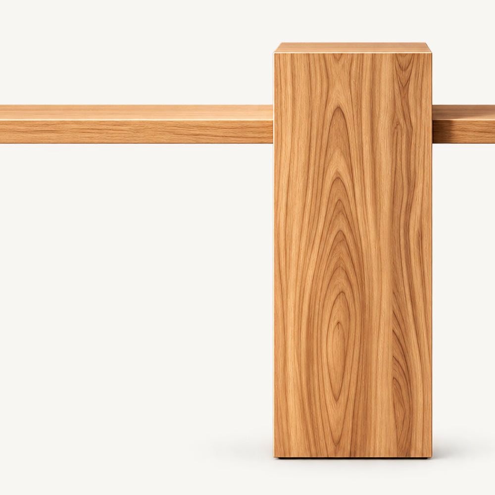 Front detail of the console table's tall wood-grain block pedestal and projecting tabletop.
