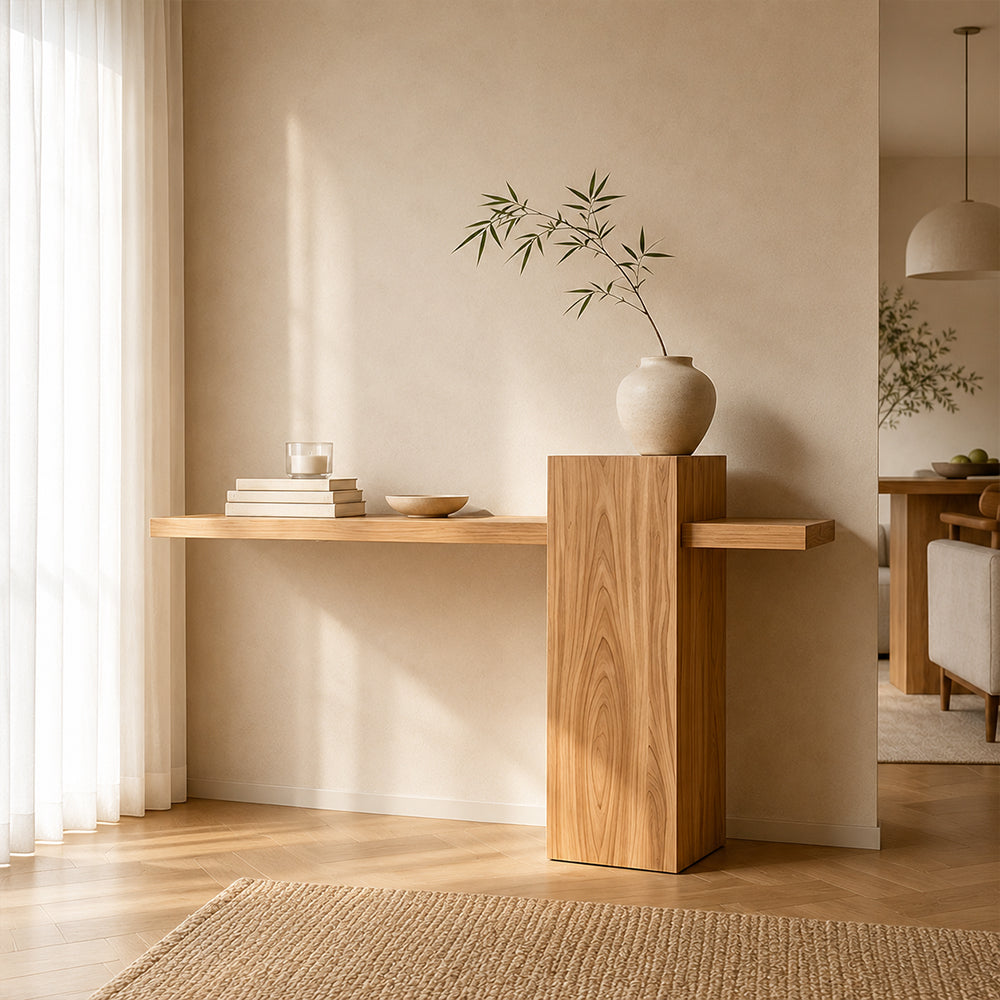 Angled entryway view of the light wood-tone block-pedestal console, styled with books and a vase.