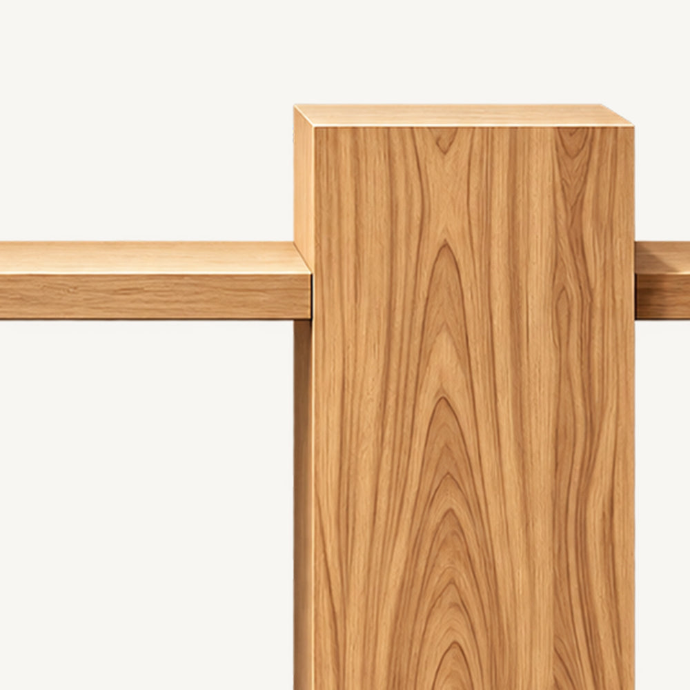 Close-up of the console table's rectangular pedestal top and the horizontal tabletop joint.