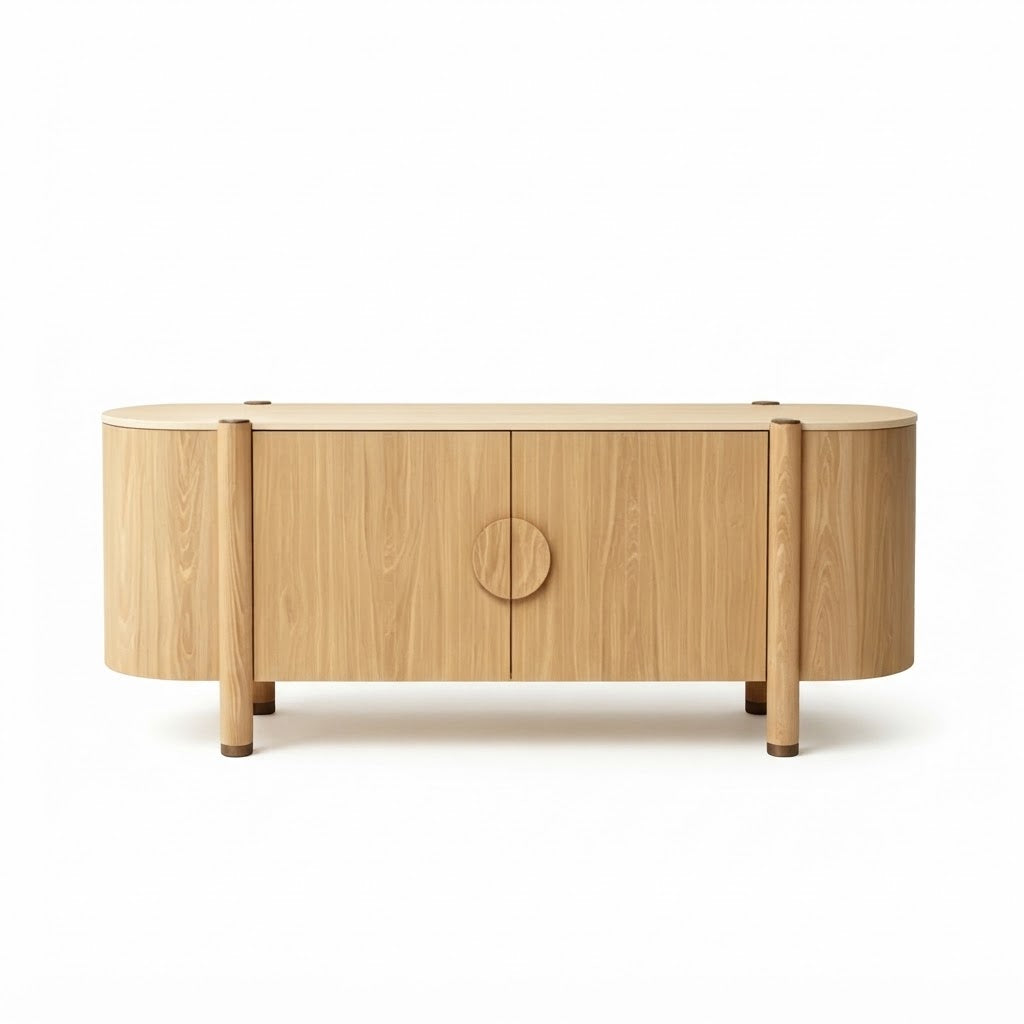 Mid Century Modern Solid Wood Travertine Sideboard with Curved Design
