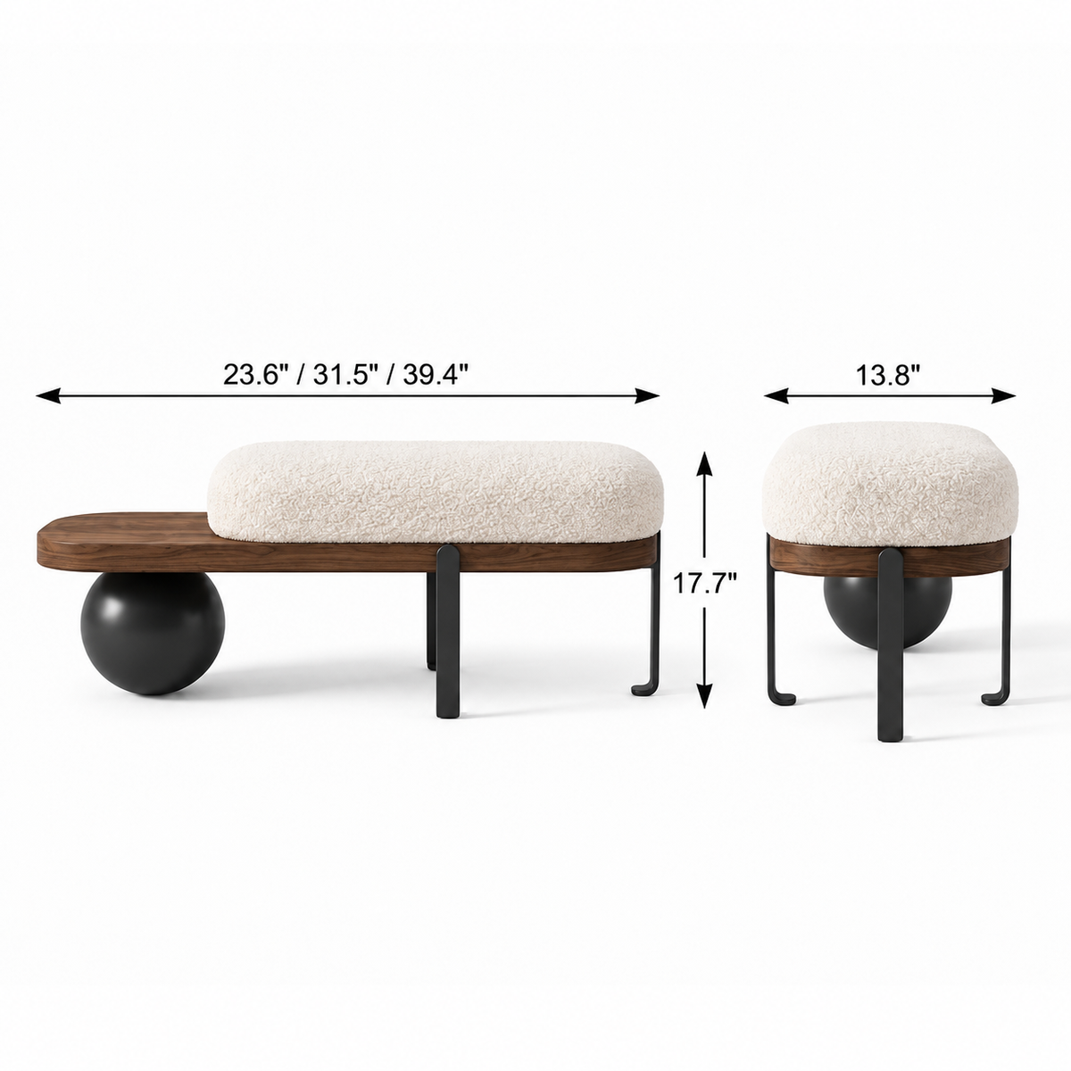 Front and side dimension diagram of the brown ball-leg bench with cream upholstery.