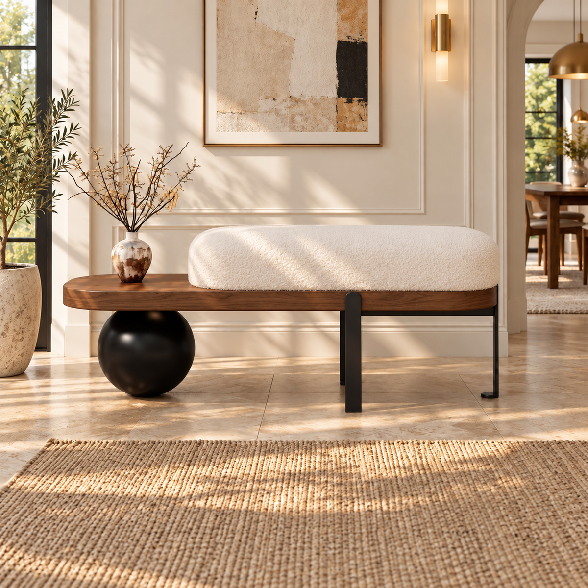 Front view of the brown entryway bench with a cream cushion and vase on its exposed shelf.